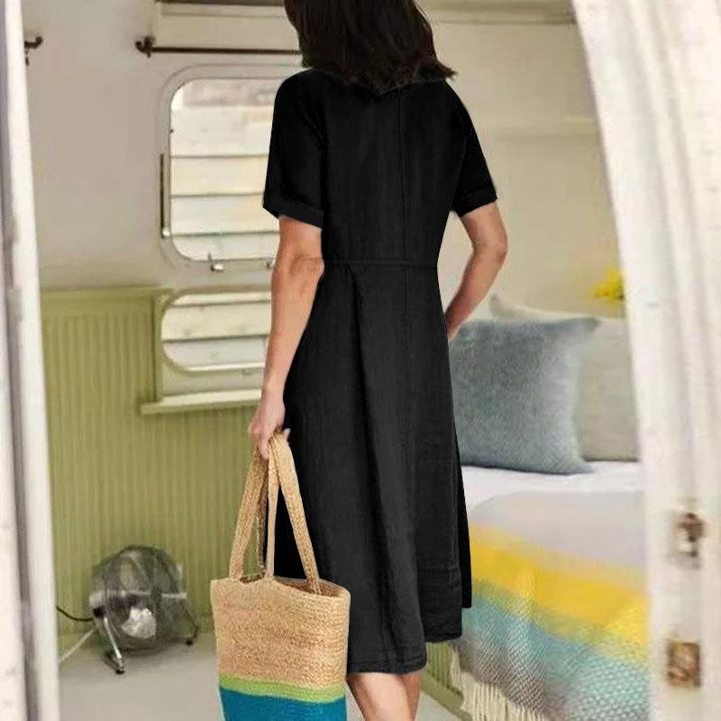 Fashion V Neck Short Sleeve Summer Women Shirt Dress Solid Color Loose Elegant High Waist Casual A-line Dresses Female Simple Office Pockets Clothing