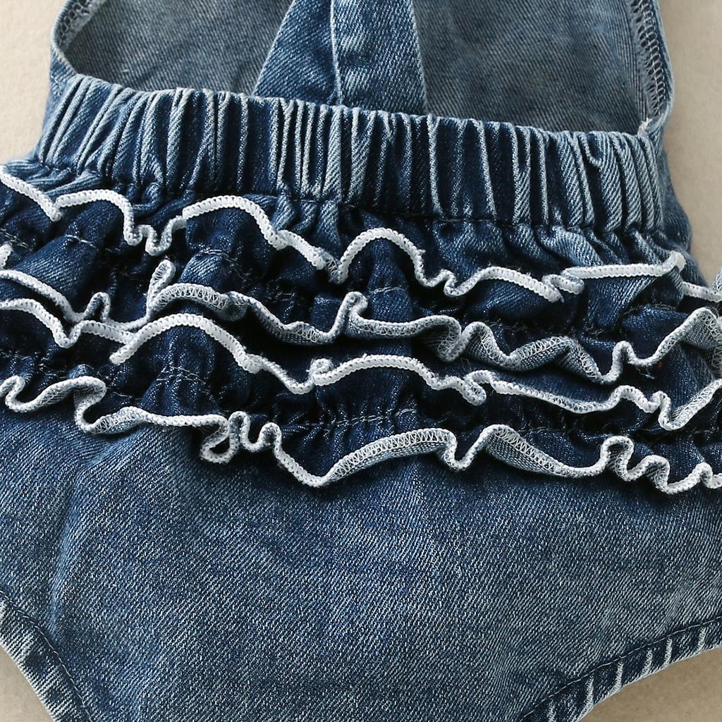 Baby Mädchen 2-teilige Sommeroutfits Fliegenärmel Buchstabenprint Denim Strampler mit Stirnband Set Säuglingskleidung