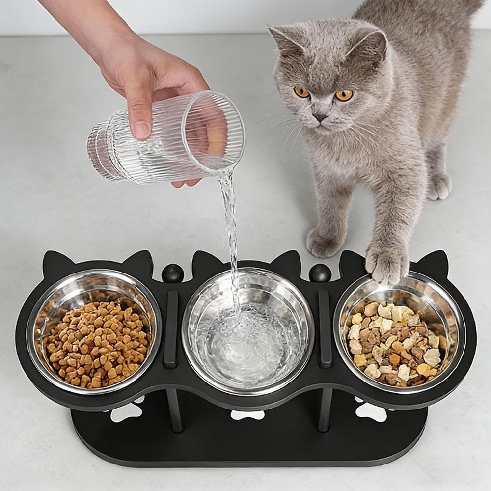 Elevated Triple Cat Bowl Raised Pet Feeder 3 Stainless Steel Bowls Food Water Dish for Cats Small Dogs Feeding Supplies