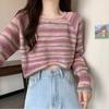 French Retro Designed Striped Knit Top Women's Spring Autumn Irregular Loose Short Long Sleeve Top