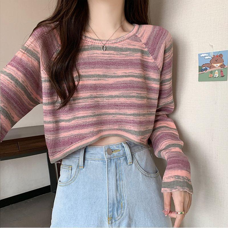 French Retro Designed Striped Knit Top Women's Spring Autumn Irregular Loose Short Long Sleeve Top