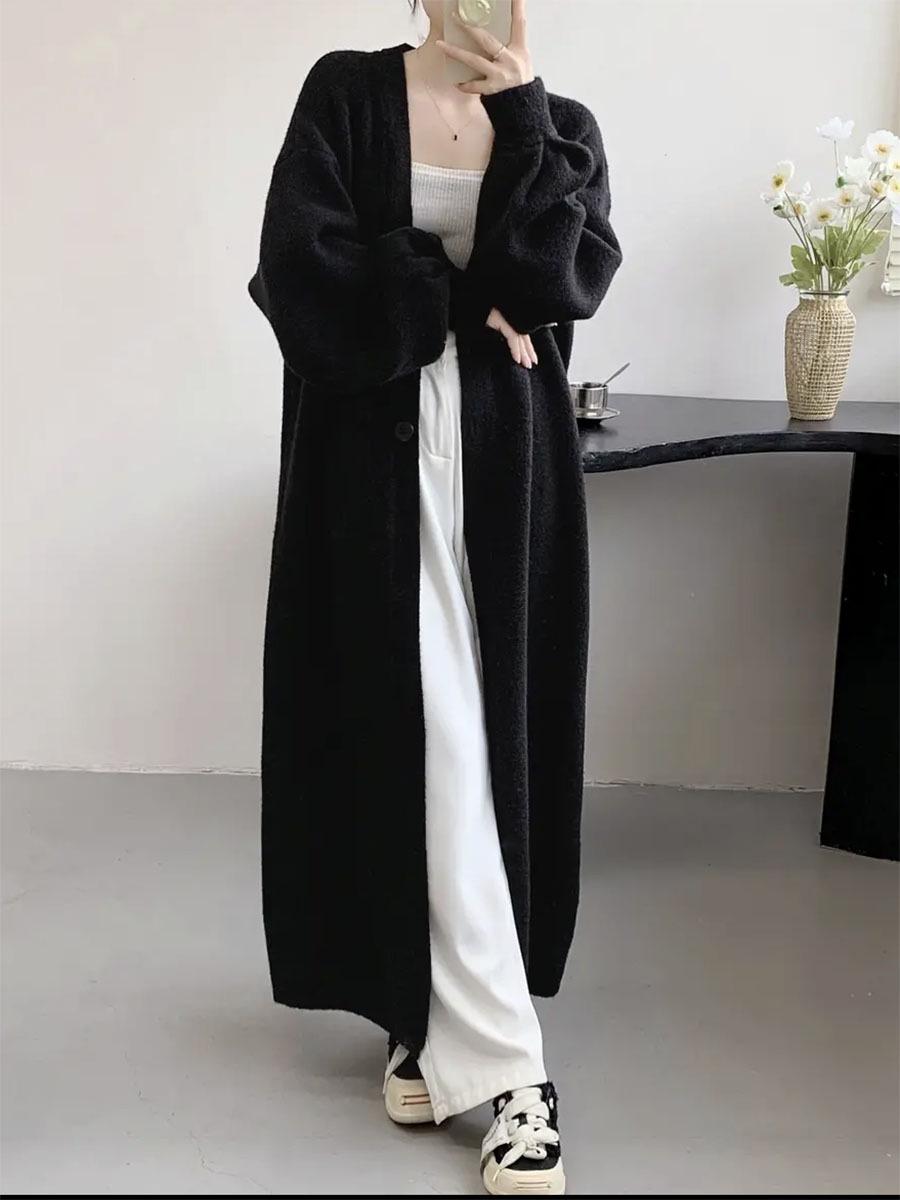 

JY Корейский кардиган V-образного выреза до колена - Толстая и уютная вязка One Size [80-150] чёрный