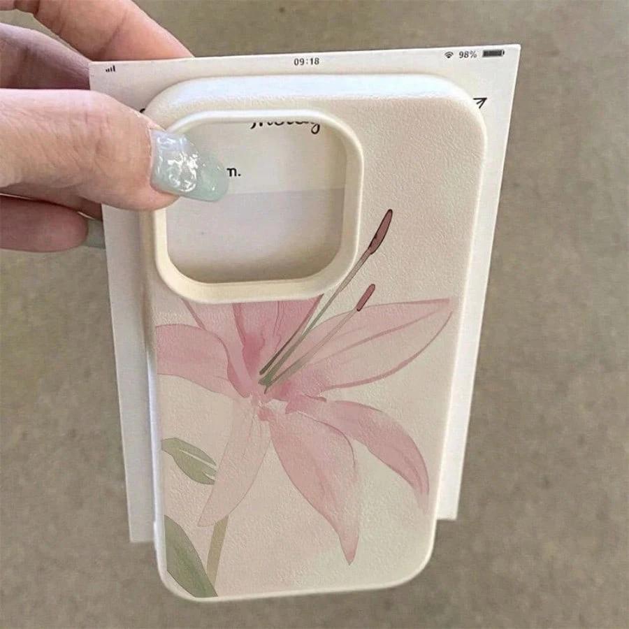 Aesthetic Lily Flower Imitation Leather Phone Case for iPhone 16 E 15 14 Plus 13 12 11 Pro Max XS Max XR XS X Silicone Cover
