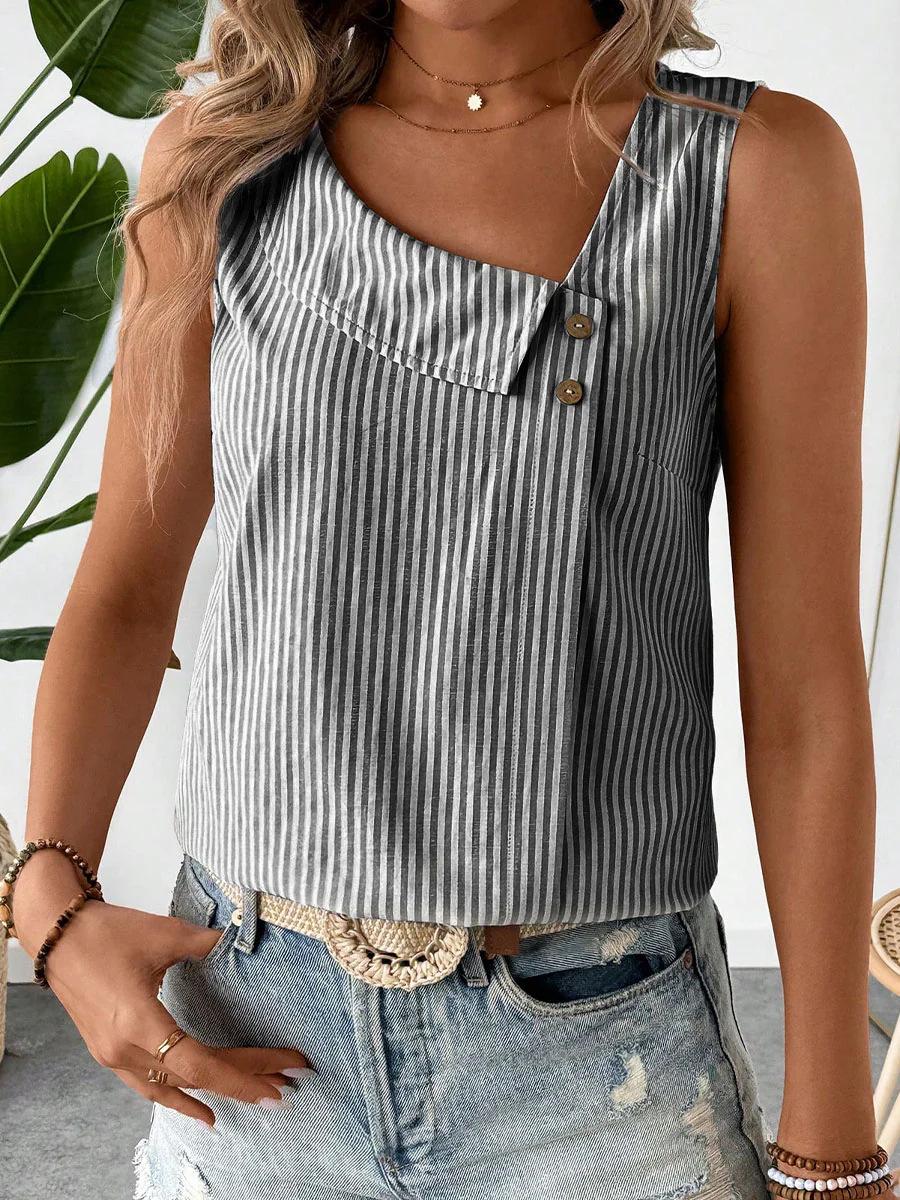

European and American new women s clothing casual diagonal collar sleeveless regular pullover multi-color striped women s top T-shirt S чёрный