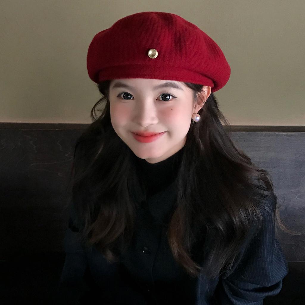 Japanese Literary And Retro Christmas Red Wool Beret Female Autumn And Winter Versatile Warm Face Little Painter Hat