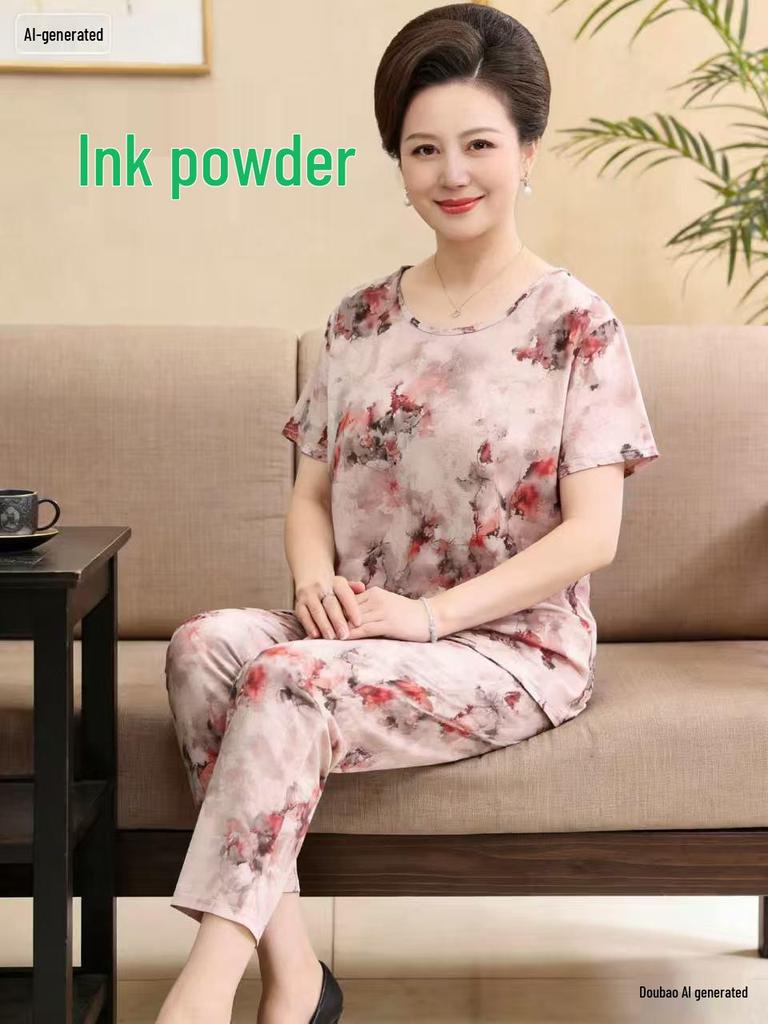 Women's Plus Size Ice Silk Pajama Set: Casual Short Sleeve Two-Piece for Middle-aged and Elderly Moms