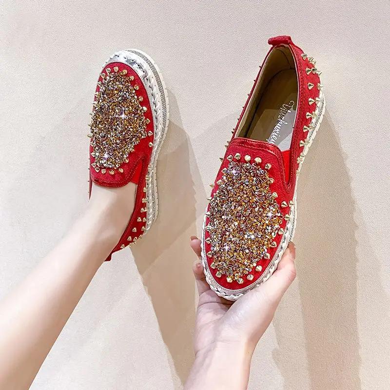 Fashion Low Loafers Whit With Crystals Rhinestone Ladies Shoes Lace Up Diamond Women Footwear High On Platform Urban High Quality Price