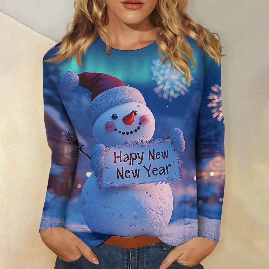 Women's Casual Fashion Sexy Comfortable Christmas Printed Round Neck Long Sleeve Top