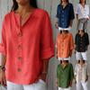 Summer Women's V Neck Loose Cotton Linen Button T-shirt Top, Casual Plain Tee for Women, Crossborder Europe America Fashion