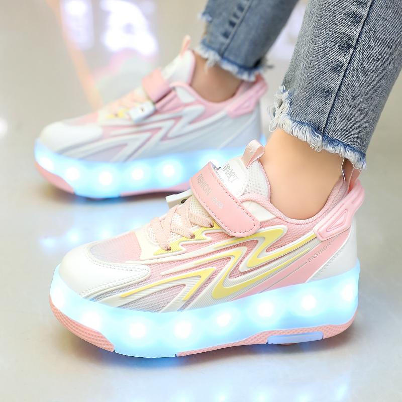 Kids Glowing Sneakers Rubbing Shoes Charging and Disassembling Four Wheels Slide Shoes LED Kids Glowing Sneakers