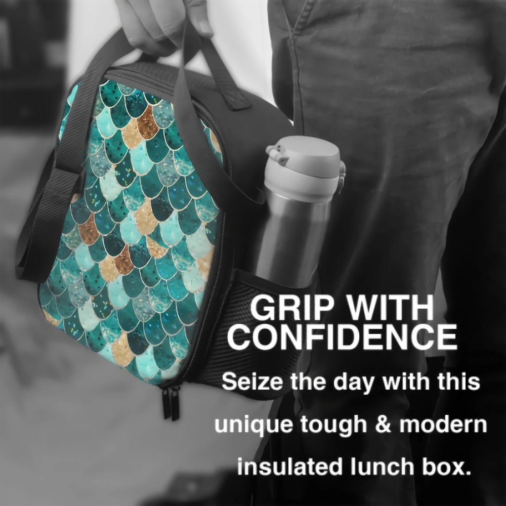 Türkisgoldene Meerjungfrau Isolierte Lunchbox Auslaufsichere Tragbare Lunchtaschen mit Verstellbarem Schultergurt Wiederverwendbare Kühltasche