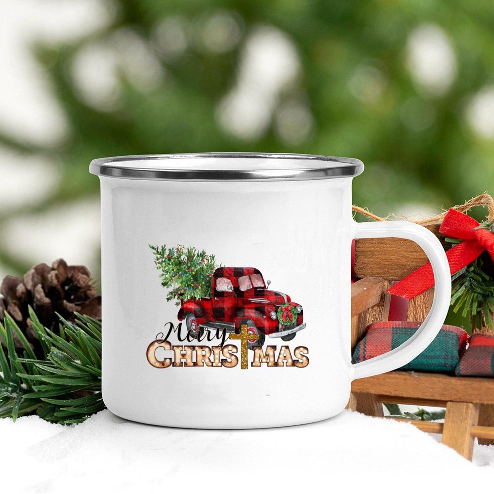 Christmas Tree Deer Truck Print Enamel Mugs Coffee Cups Christmas Party Dessert Hot Cocoa Chocolate Cup Gifts for Friends Family
