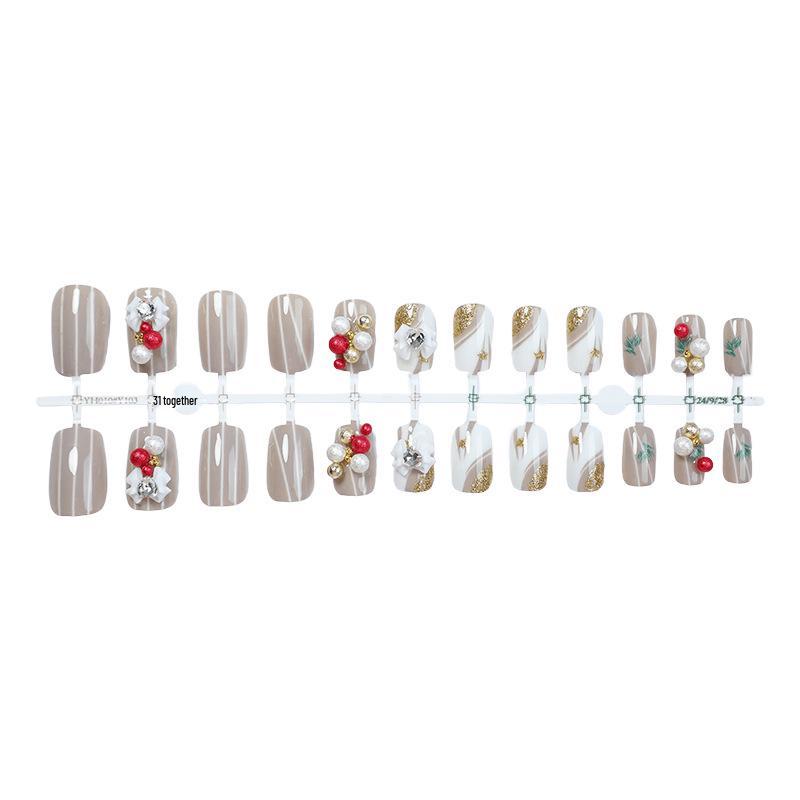 

Christmas Style Rhinestone Bowknot Press-On Nails - Festive Short Square Design with Cute Tree & Detachable Pieces.