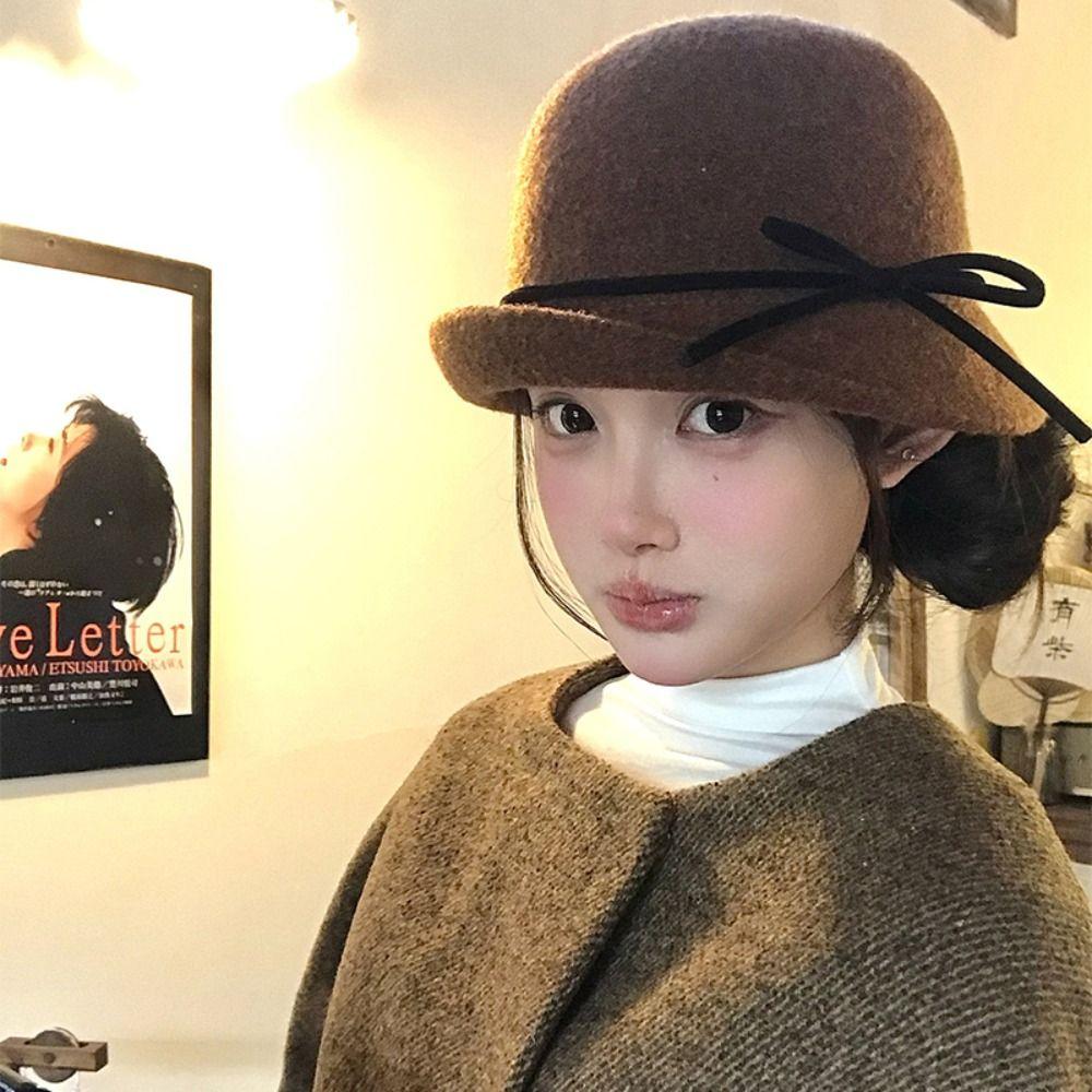 Elegant Hepburn Style Topper Hat French Style Wool Fisherman Hat Woolen Bucket Hat  Streetwear