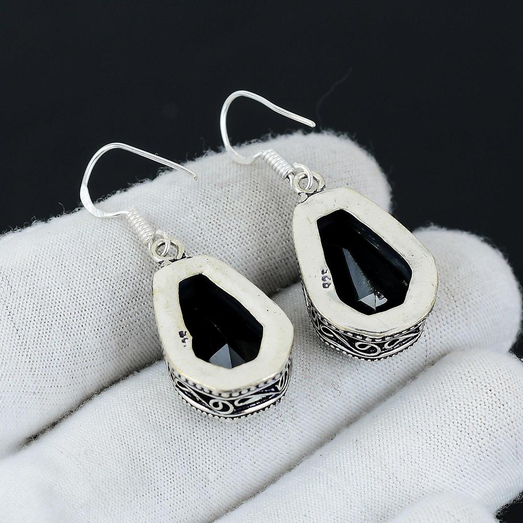 Cercei unici cu piatră prețioasă de sicriu spinel negru, cercei din argint 925, cercei cu bijuterii din argint boho lucrate manual, cadouri de Ziua Recunoștinței