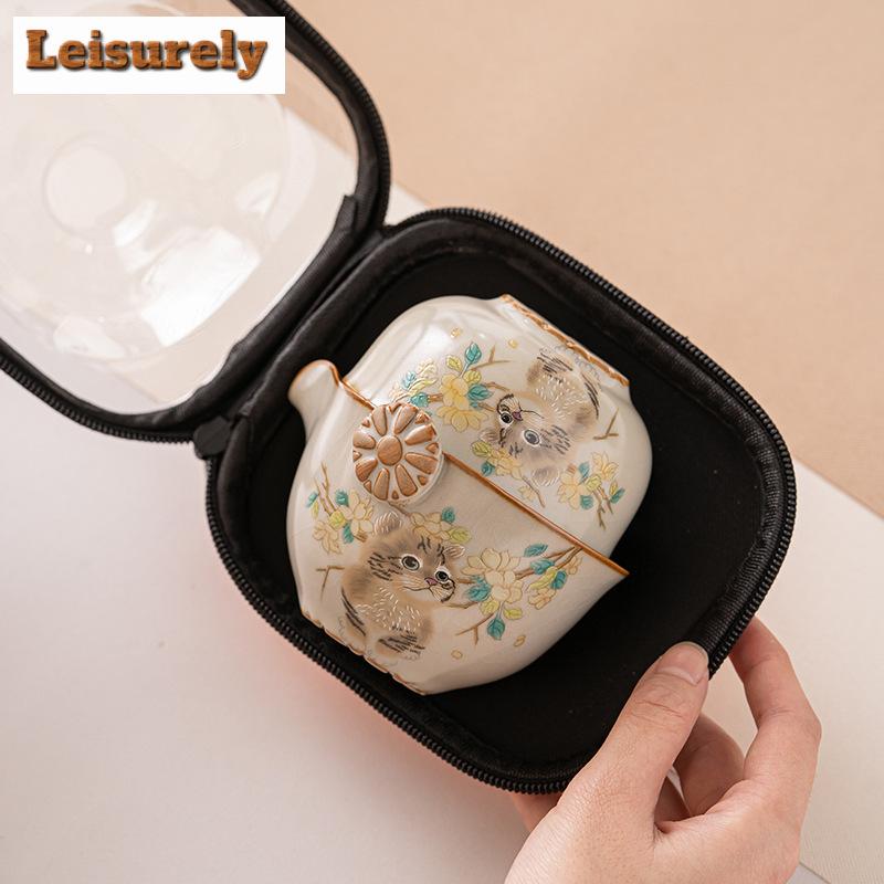 Imitation Song Ru Kiln Cat Ceramic Tea Set Kit Japanese 1 Pot 3 Cups Tea Maker Teaware Outdoor Portable Handbag Drinkware Craft