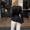 1116 Autumn and Winter New European and American Commuting Professional Fashion Versatile Lotus Leaf Edge Solid Color V-neck Long-sleeved Shirt Women