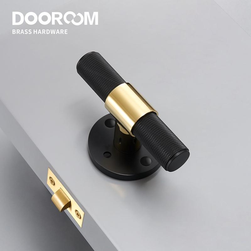 Dooroom Brass Door Lever Set Modern Knurled T-bar Interior Bedroom Bathroom Double Wood Door Lock Set Dummy Knob Hidden Door