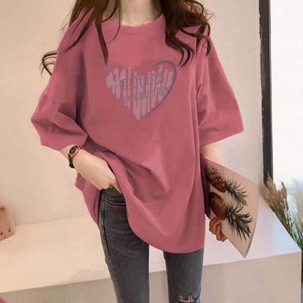 Women Plus Size Cotton T-Shirt Summer Short Sleeve Heart Print Mid-Long Loose Casual Pullover Top For 200lbs