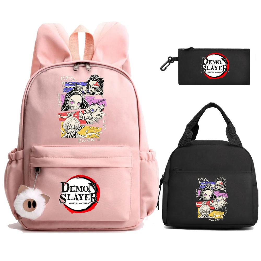 3Pcs/set Anime Demon Slayer Printed Backpack Lunch Bag Pencil Case for Student Schoolbag Girl Women Large Capacity Waterproof Travel Bag Gift