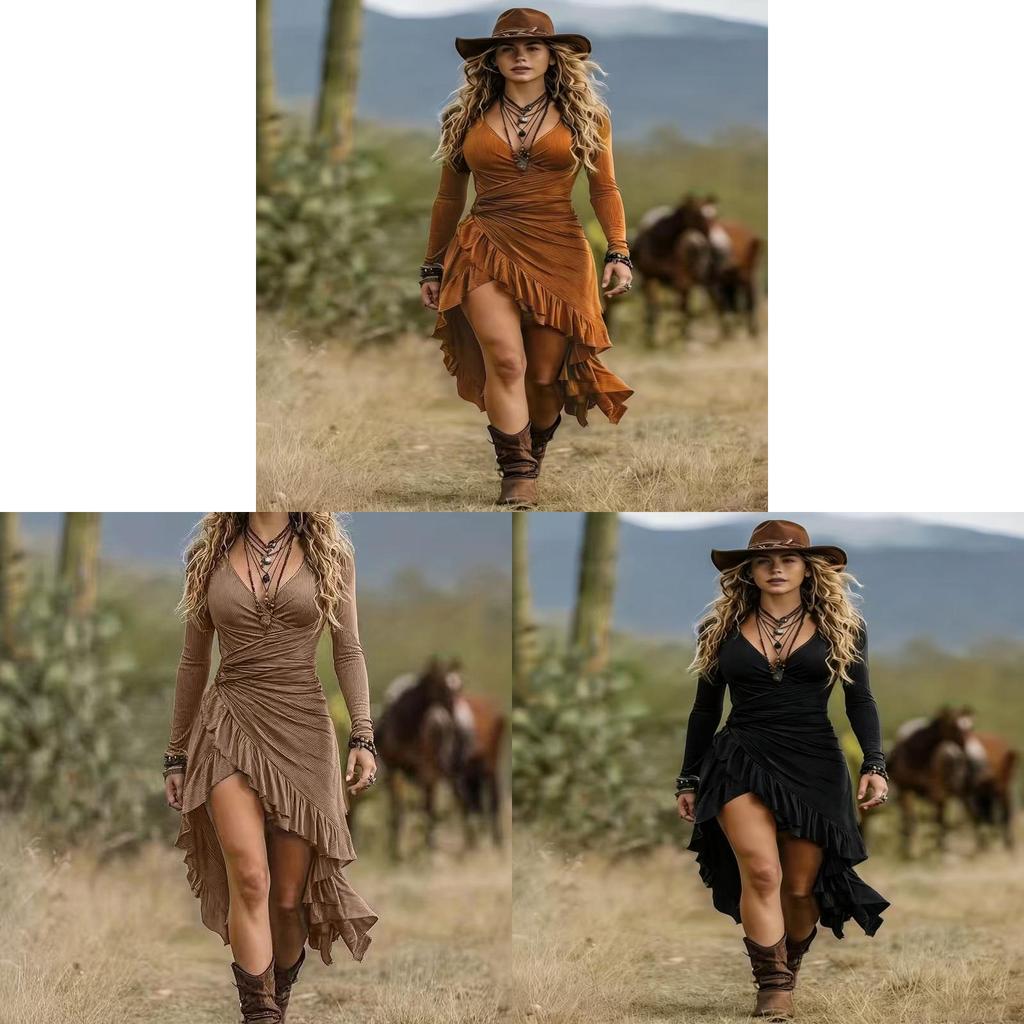 Falda Larga Bohemia con Volantes y Cuello en V para Viajes y Uso Casual