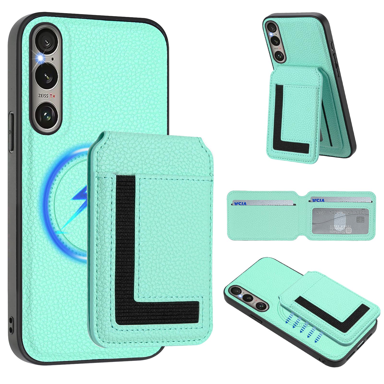 

For Sony Xperia 1 VI Magnetic Case TPU+PU Leather Phone Back Cover with Detachable Card Holder Mint Green