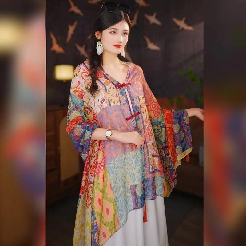 Womens Retro Ethnic Style Mid Length Sun Protection Shawl Travel Scarf