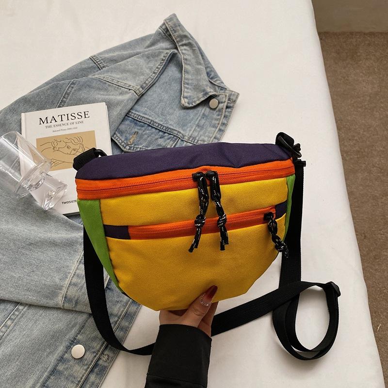 Summer Contrasting Color Saddle Bag Women'S Bag Foreign Style Canvas Shoulder Messenger Bag Niche Design Versatile Breast Bag
