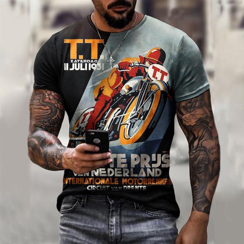 Top Estivo Girocollo Stampa 3D Motivo Motocicletta alla Moda Casual Manica Corta T-shirt da Uomo