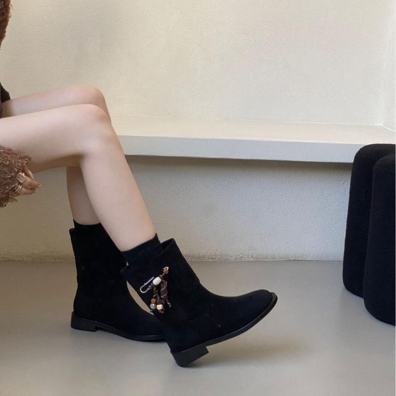 French khaki suede fringed Martin boots for women 2025 new Korean version thick heel round head small short boots for women