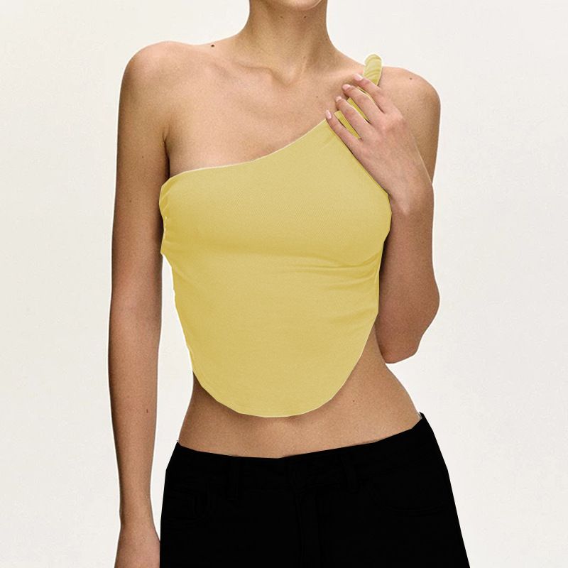 

Quick-Drying Sloping Shoulder Nude Feel Containing Chest Pad Irregular Sports Vest Women Fitness Underwear Yoga Bra European and American New Bright yellow S
