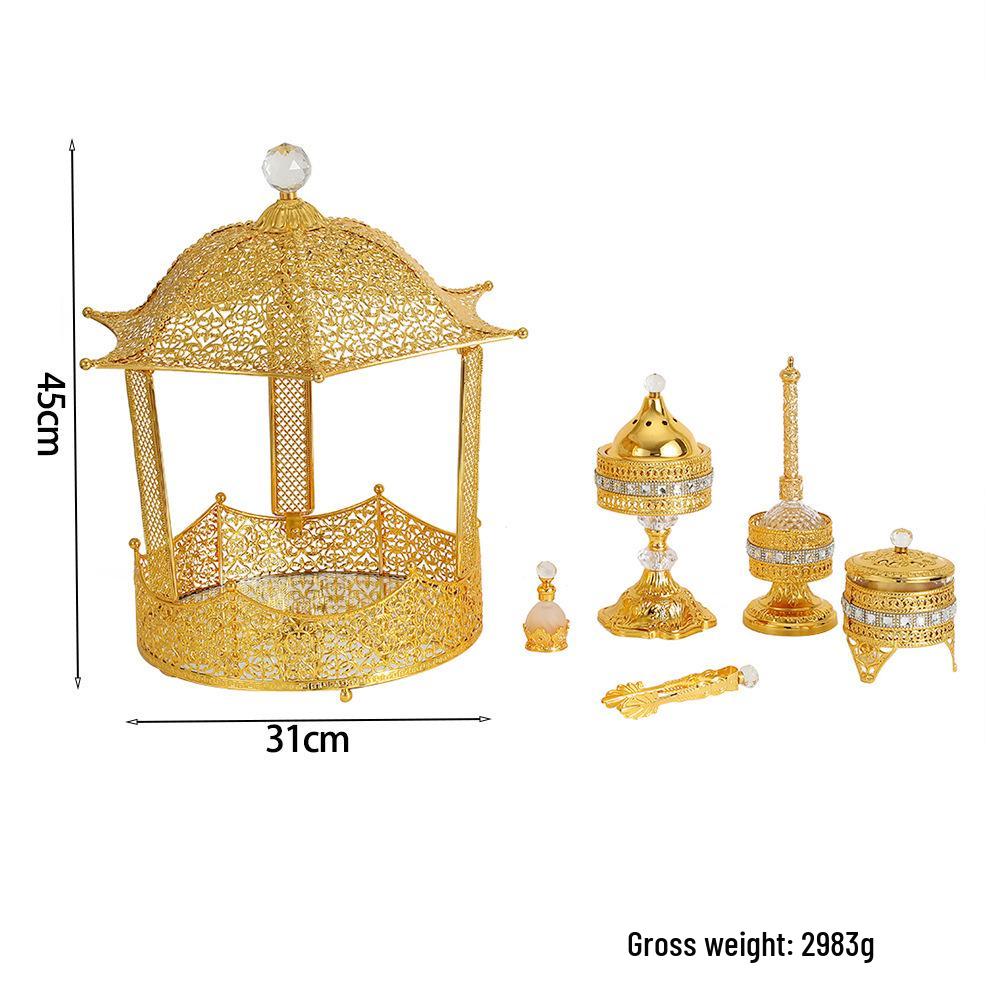 Golden Lid Basket Incense Burner Set - Arabic and Southeast Asian Home Decor.