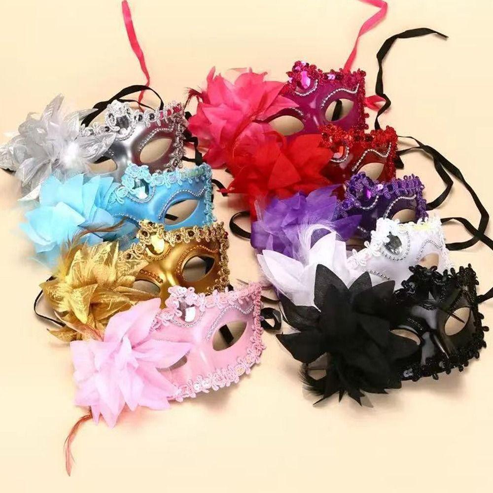 Cosplay Diamond Decorated Venetian Mask Flower Design Half Face Feather Mask Sexy Style Lace Mask Christmas Celebration