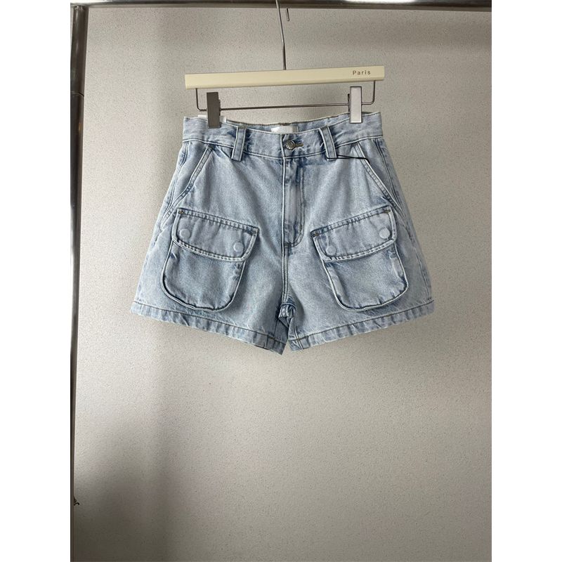 

Tooling Style Flap Pocket High Waist Retro Denim Shorts Retro water washing light blue 26