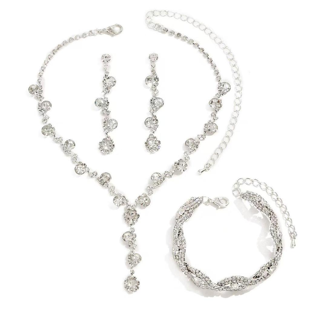 Luxury Bridal Jewelry Set: Sparkling Diamond Necklace, Earrings, and Bracelet - European and American Style