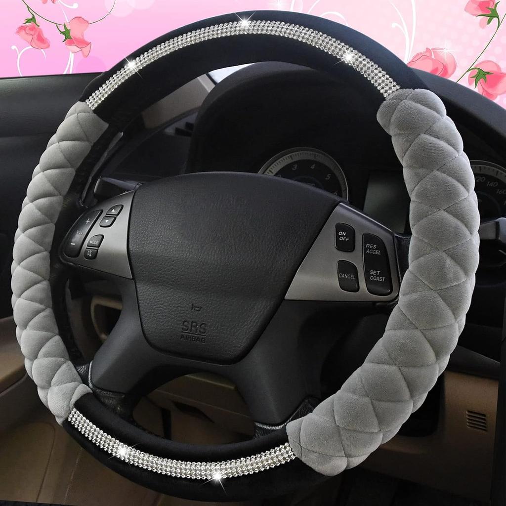 Bling Bling Steering Wheel Cover Universal Luxury Plush Belt Crystal Rhinestone Non-Slip Wheel Protective Cover Women's Girls New 15 Inches Gray