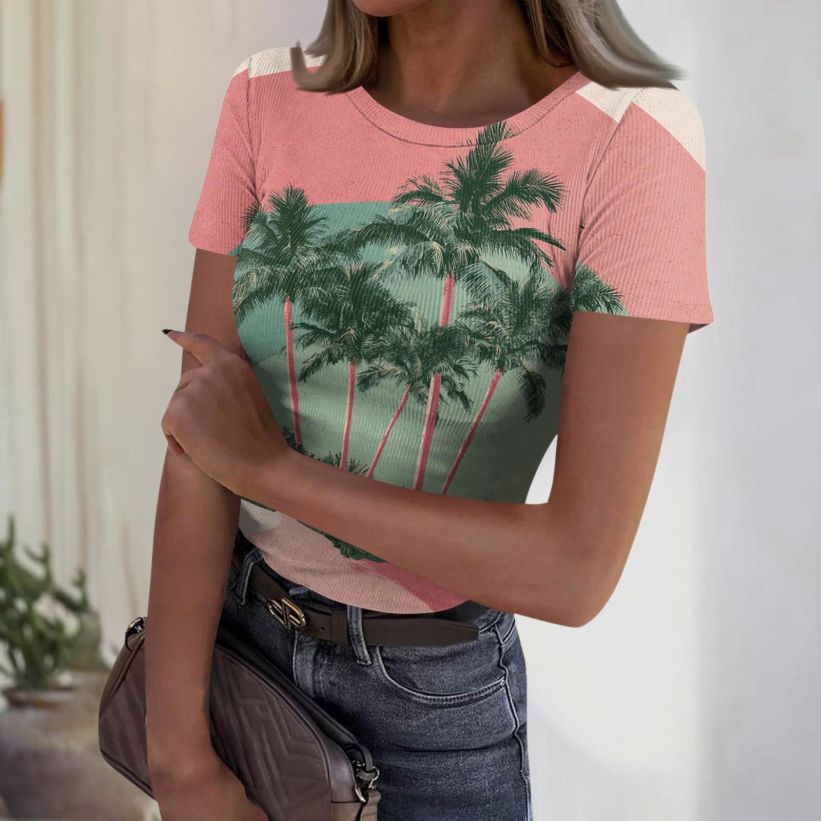 

Women s Casual Fashion Round Neck Hawaiian Print Short Sleeve Ribbed Top XL рожевий
