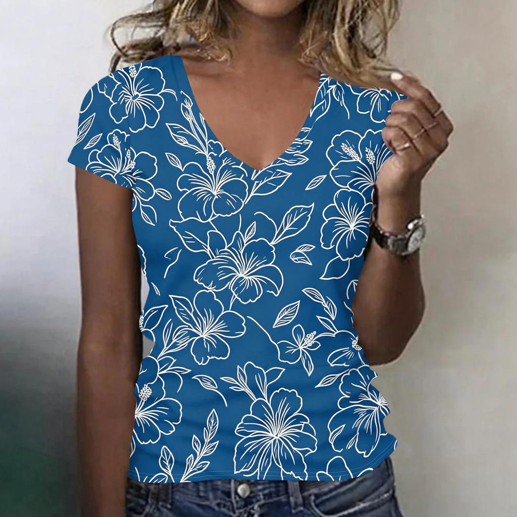 Women V Neck Short Sleeve Floral Print T Shirt Casual Loose Fit Lightweight Soft Fabric Summer Top for Daily Wear
