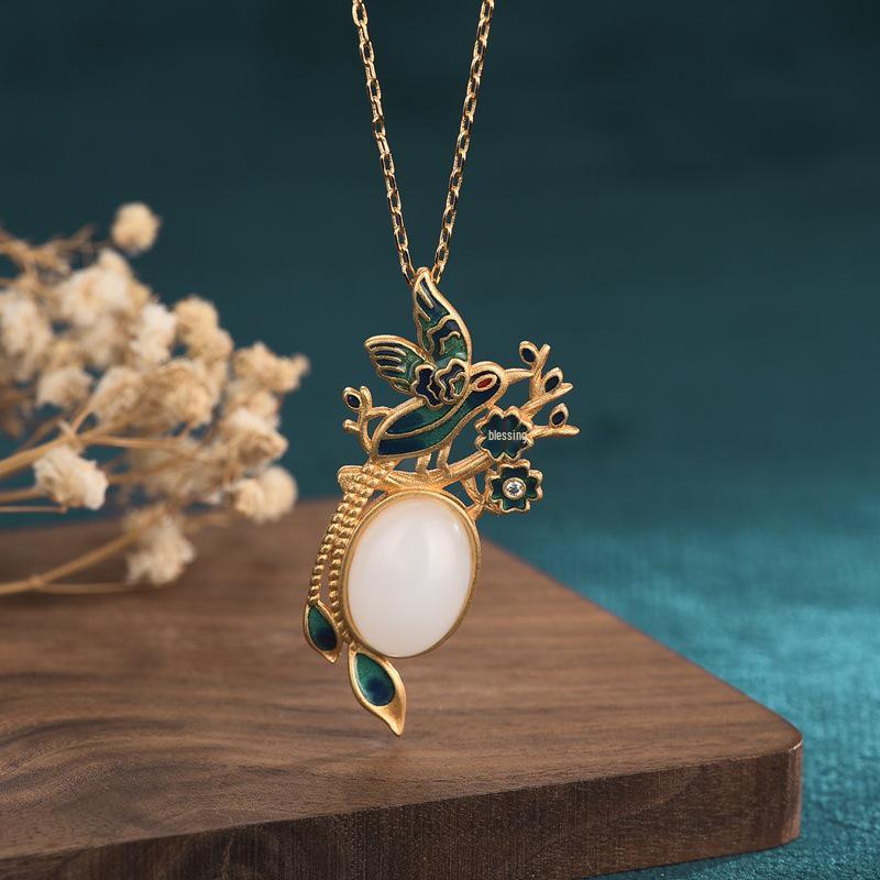 

Classic Cloisonné Magpie Pendant with Gilt Copper and Jade Accents
