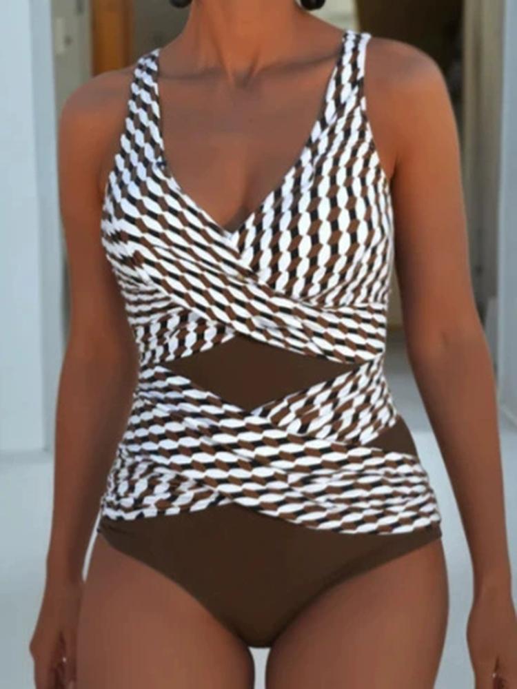 Swimsuit Women V-Neck Swimwear Spliced Striped Fashion One Piece Bodysuit Swimming Suit Summer Fashion Bathing Bikinis