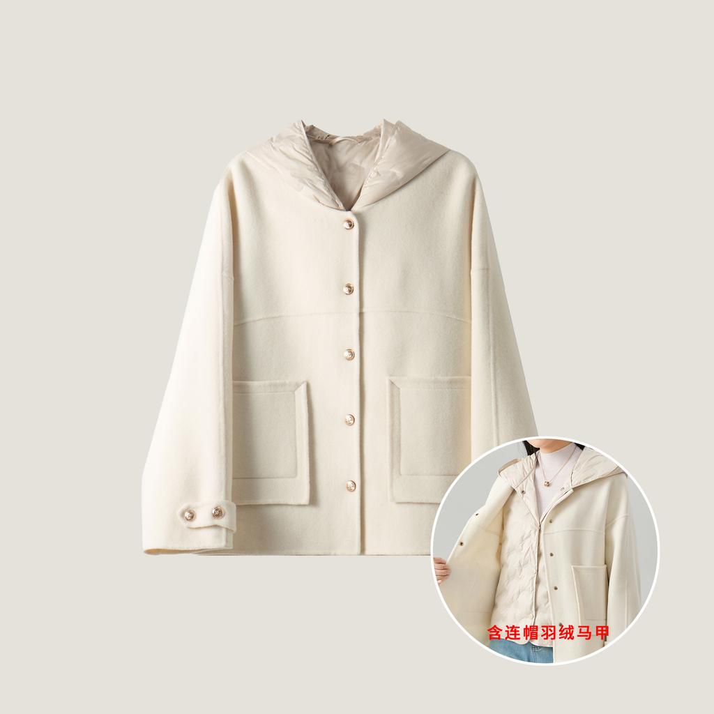 Anti-season Double-sided Coat Wool Cashmere Gold Buckle Women's Coat with Casual Hooded Vest Two-piece Set