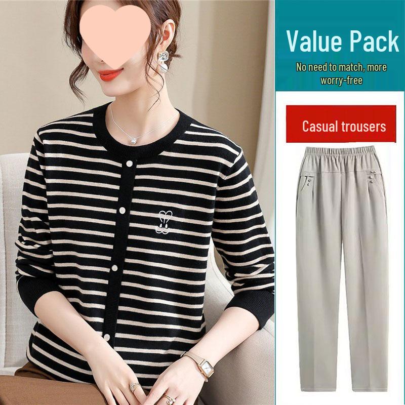 Mom's 2025 Autumn Striped Long-Sleeve Knit Sweater for Middle-Aged & Elderly Women