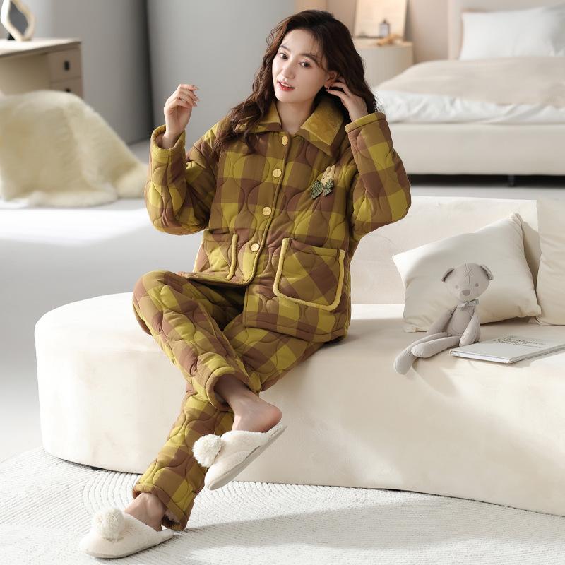 Casaco de algodão puro tecido pijamas para mulheres no inverno, três camadas espessadas algodão xadrez roupas quentes para casa, conjunto de inverno