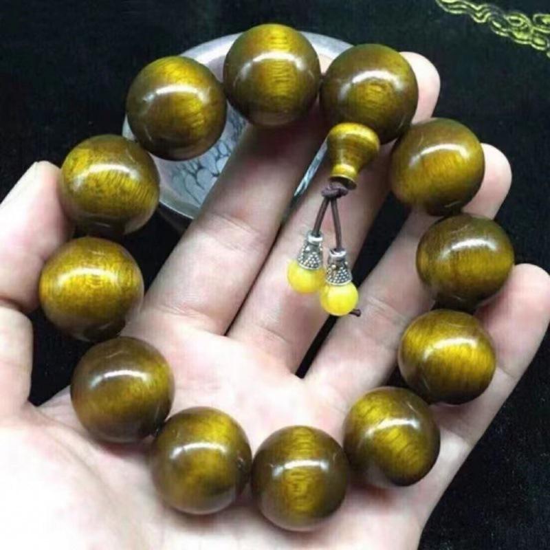 Gold-Veined Phoebe Wood Wenwan Bead Bracelet - Dark Wood, Water Ripple Pattern, Unisex, 2.0 Size.