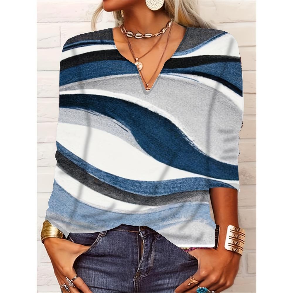 GMXIA Autumn Loose Long Sleeve Flower Bold V-neck T-shirt Base for Women