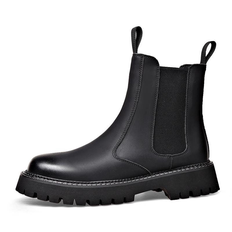 Men's High-Top Genuine Leather Martin Boots - Yellow, Thick Sole, Lightweight, Elastic Slip-On, Warm, Casual Work Boots for Autumn and Winter.