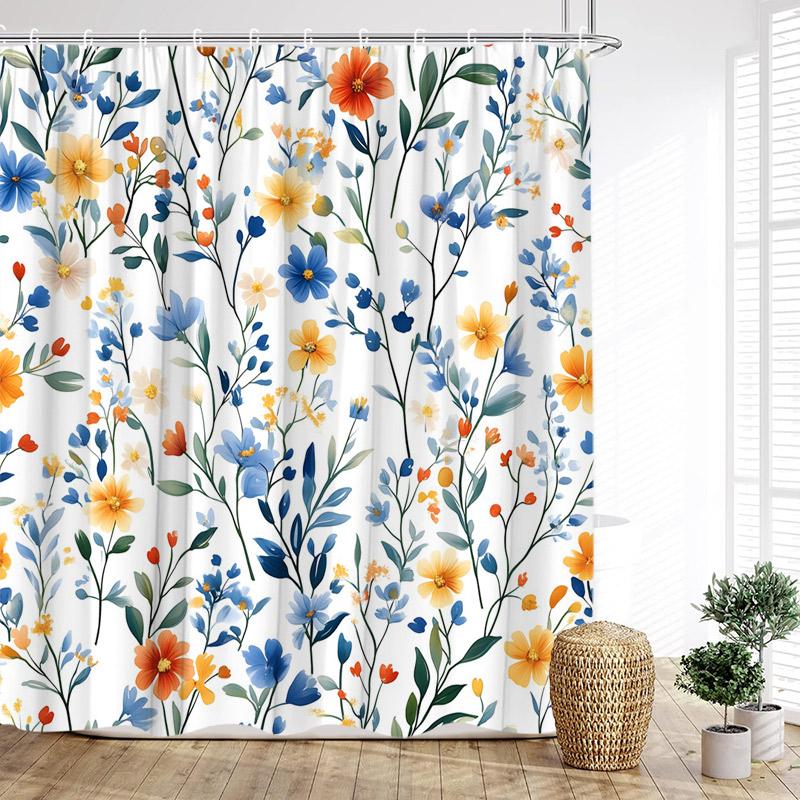 Colorful Floral Shower Curtain Watercolor Flower Leaves Modern Minimalist Bath Curtain Polyester Cloth Bathroom Decor with Hooks