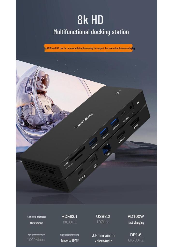 8K 30Hz Type-C Docking Station with Multi-Screen Display, HDMI 2.1/DP 1.4, Laptop Expansion Dock & USB Splitter