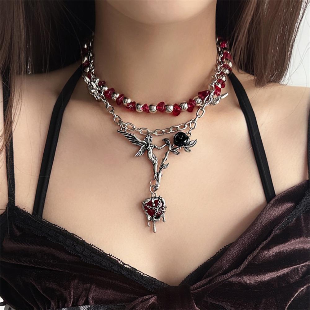 Angle Gothic Multilayer Necklace Rose Flower Clavicle Chain Choker Crystal Beads Necklace  Party