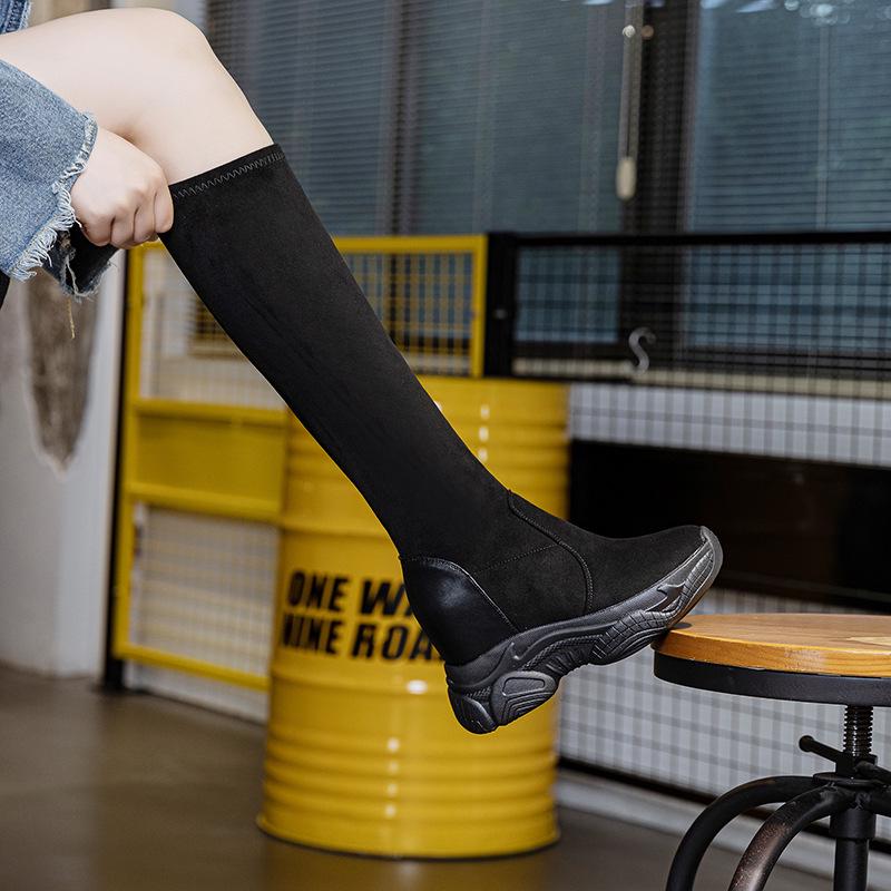 Women's Black Suede Knee-High Boots - 8CM Height Increase, Thick Sole, Plus Velvet, Elastic, 2025 Autumn/Winter Collection